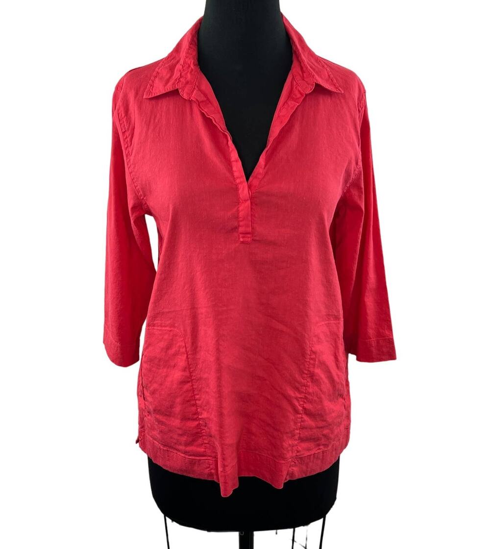 EILEEN FISHER Red Stretch-Linen 3/4 Sleeve Popover Tunic Top Pockets Relaxed XS